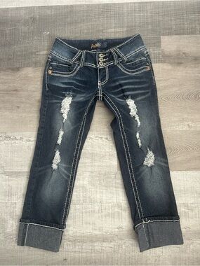 Dark  Distressed stretch  Jeans with Rolled Cuffs size 3